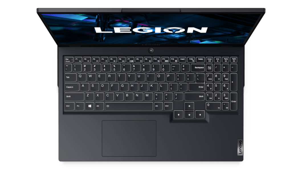 Imagen frontal de la computadora portátil gamer Lenovo Legion 5i 6ta Gen (15.6'', Intel) semicerrada, en color Phantom blue & Shadow Black 