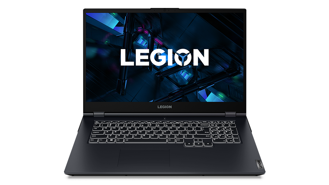 Vue avant du Lenovo Legion 5i Gen 6 (17″ Intel) avec logo NVIDIA® GeForce RTX™ Studio