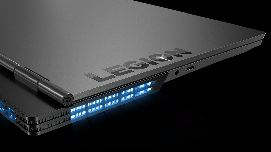 Legion Y530 15-inch gaming laptop - 3/4 left side view closeup, with light blue system lighting