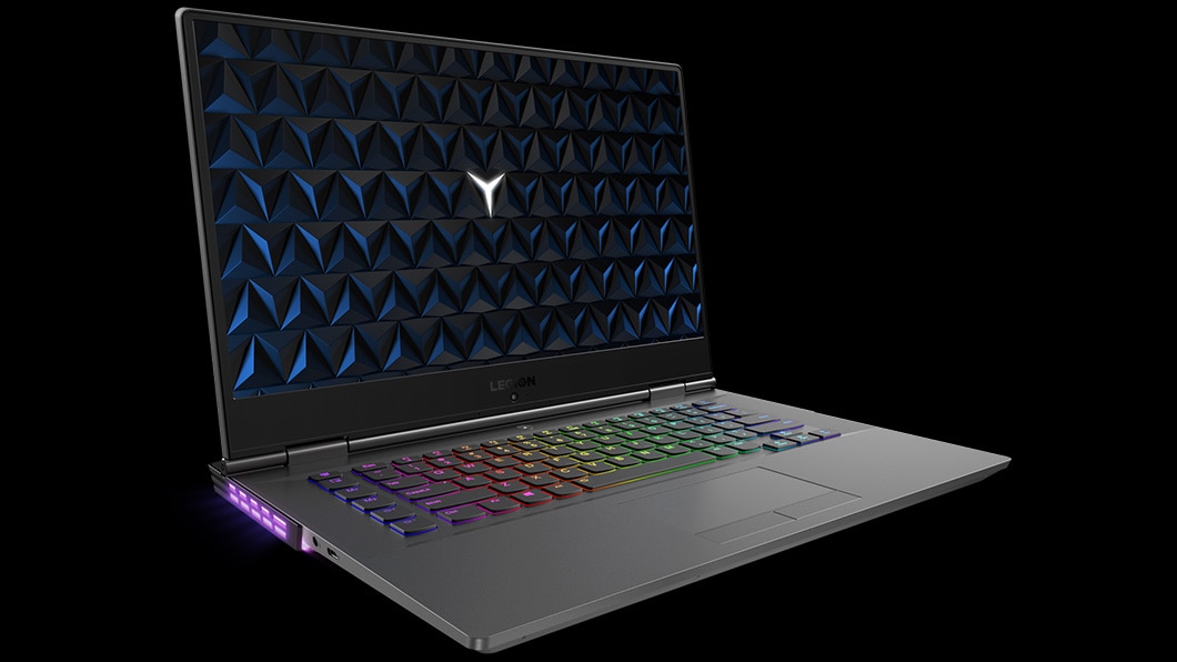 Legion Y530 15-inch gaming laptop - 3/4 front view, open with RGB keyboard lighting