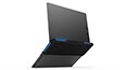 Legion Y530 15-inch gaming laptop - 3/4 rear/bottom view, open with blue system lighting (thumbnail)