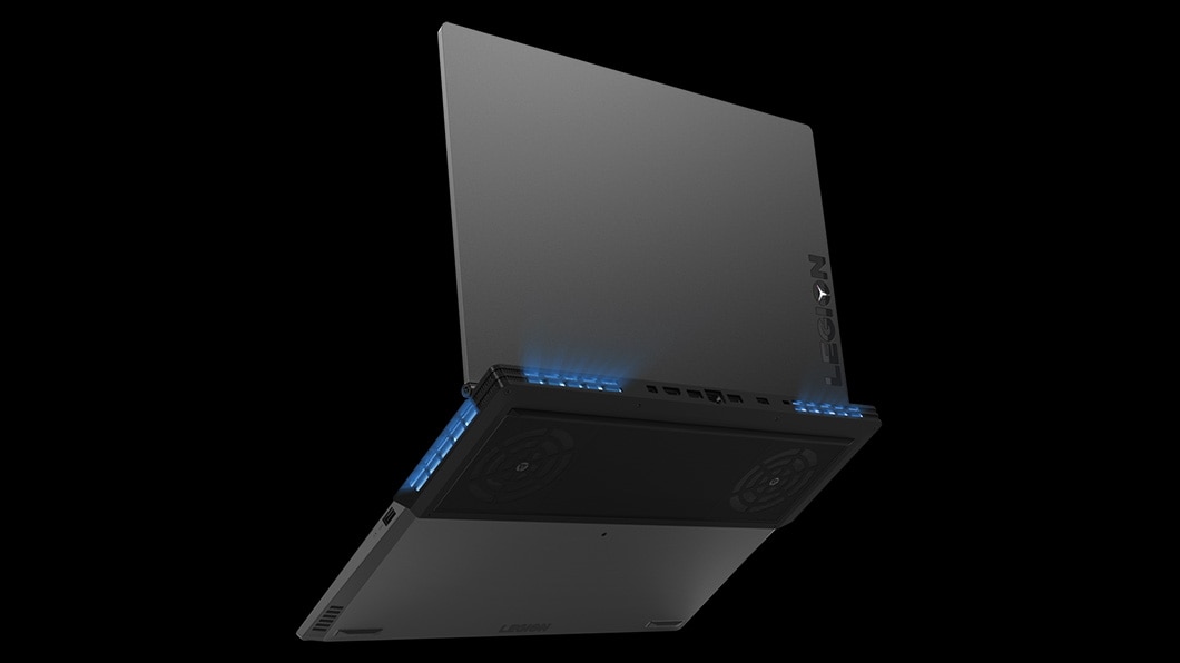 Legion Y530 15-inch gaming laptop - 3/4 rear/bottom view, open with blue system lighting