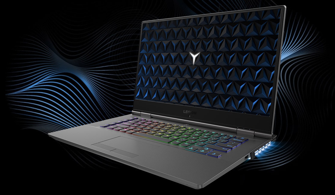 Legion Y530 15-inch gaming laptop - 3/4 front view, open, with soundwave graphics in background