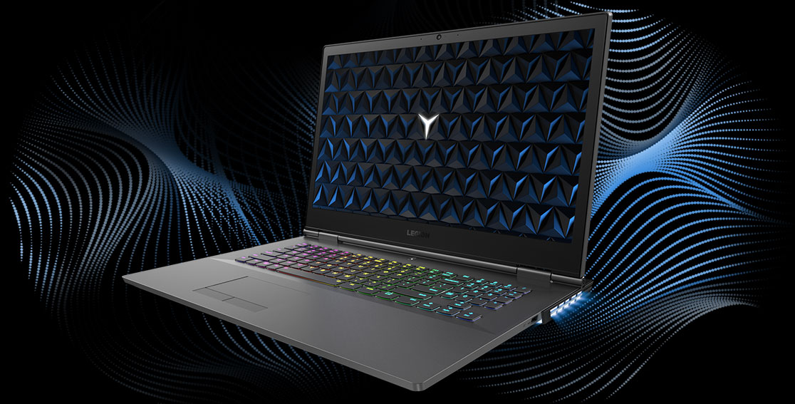 Legion Y530 17-inch gaming laptop - 3/4 front view, open with soundwave graphic as background