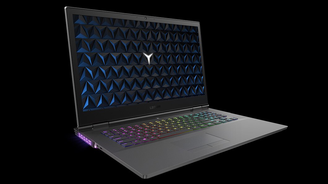 Legion Y530 17-inch gaming laptop - 3/4 front view, open with RGB-backlit keyboard