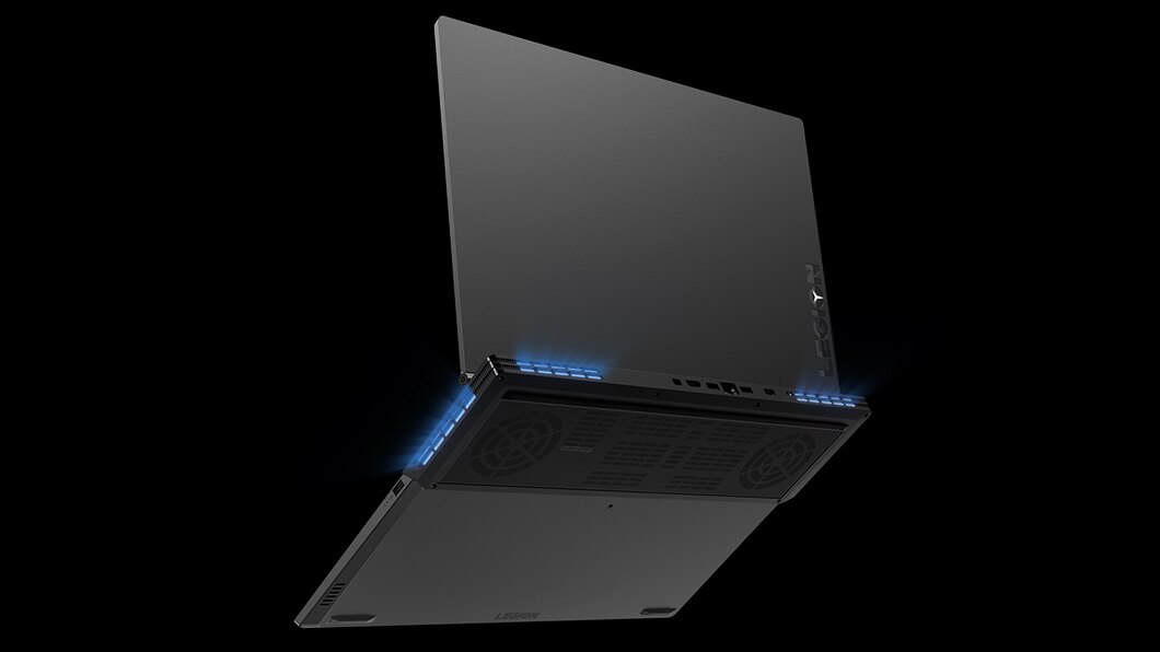 Legion Y530 17-inch gaming laptop - 3/4 rear/bottom view, open with blue system lighting