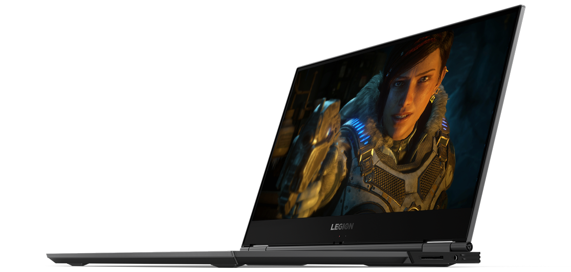 A Lenovo Legion Y740Si at an angle, showing a female action hero on screen
