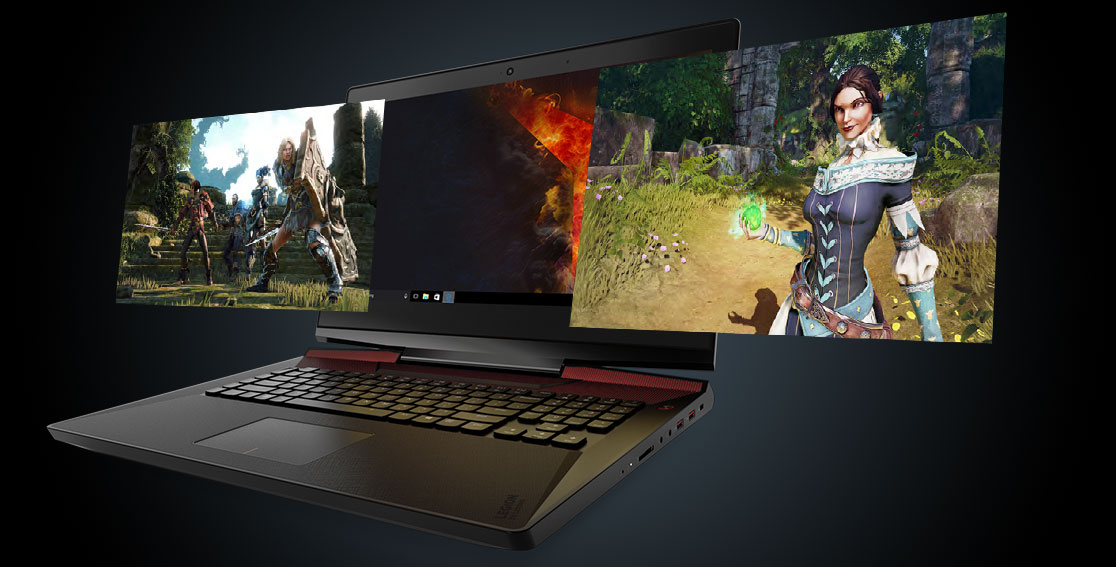 Lenovo Legion Y920 front view with graphic overlay of multiple game screenshots
