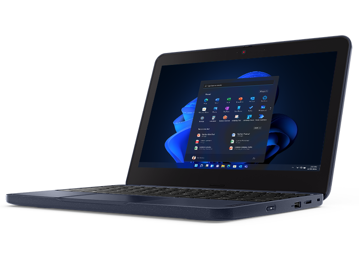 Lenovo 100w Gen 3 Notebook um 95 Grad geöffnet, leicht schräg mit Blick auf das Display und die Anschlüsse auf der rechten Seite.