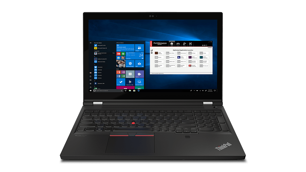 Front facing Lenovo ThinkPad P15 Gen 2 mobile workstation with 15.6'' display with Windows 10 Pro and full-sized keyboard with numeric pad.