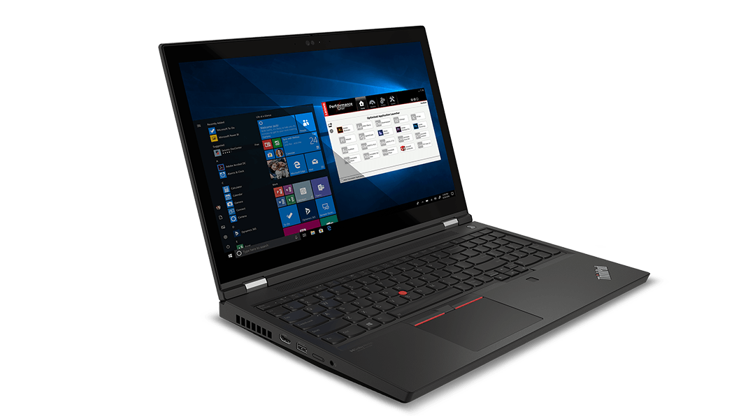 Die mobile Workstation Lenovo ThinkPad P15 Gen 2, um 100 Grad geöffnet, schräg mit Blick auf Display, Tastatur und die Anschlüsse auf der linken Seite.