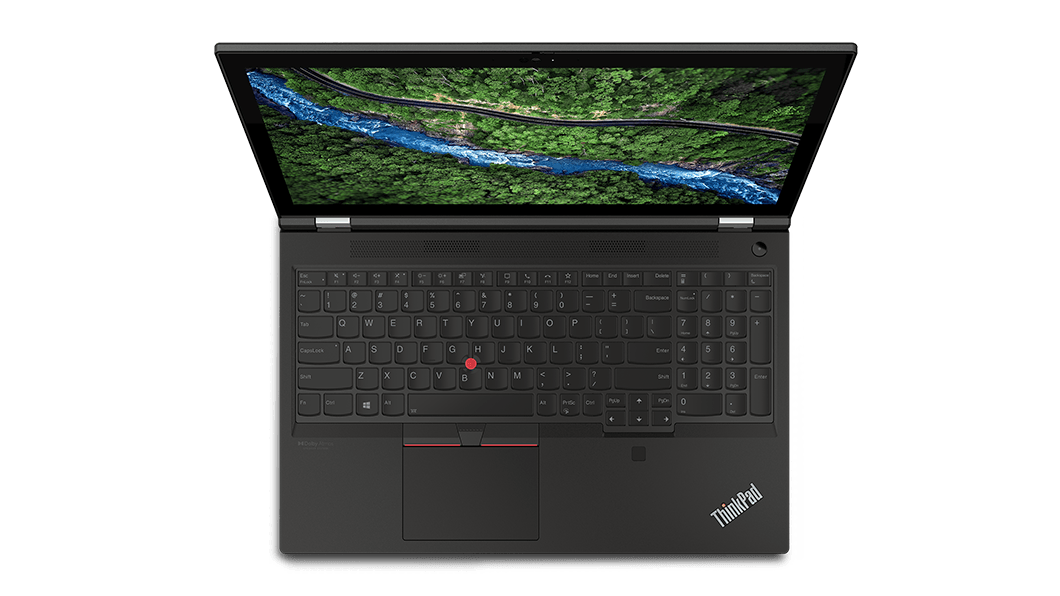 Den mobila workstationen Lenovo ThinkPad P15 Gen 2 visad ovanifrån, öppnad till 90 grader med fokus på tangentbordet.