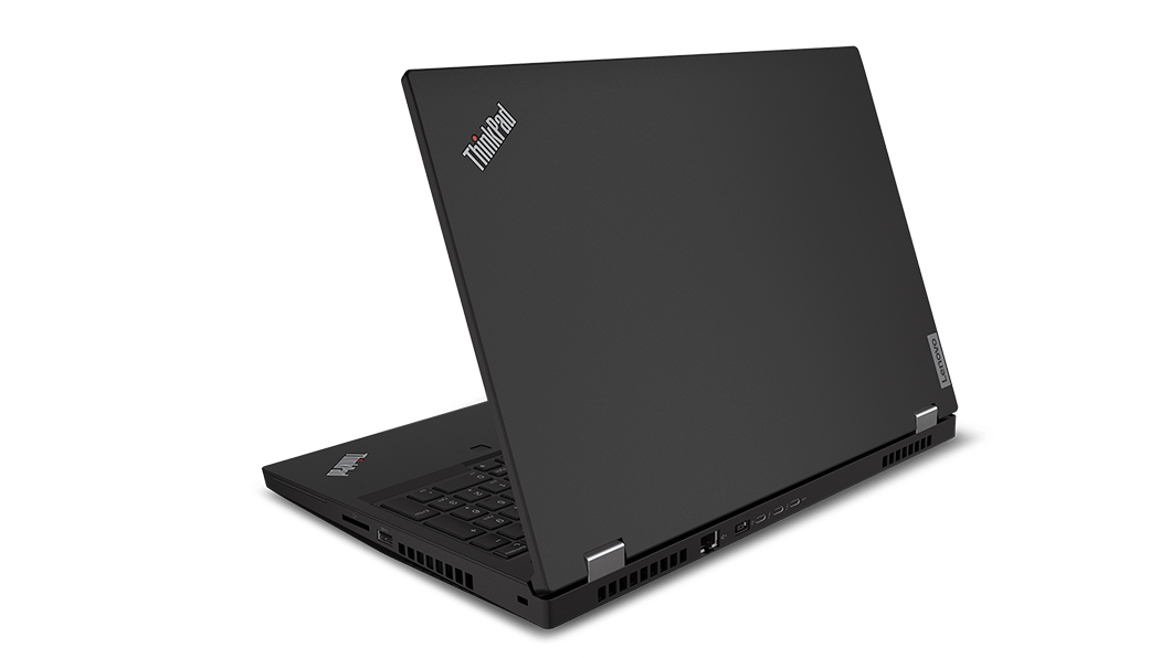 Back side of Black Lenovo ThinkPad P15 Gen 2 laptop open 70 degrees showing top cover, ThinkPad logo, rear- and right-side ports.