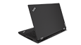 Back side of Black Lenovo ThinkPad P15 Gen 2 laptop open 70 degrees showing top cover, ThinkPad logo, rear- and right-side ports.