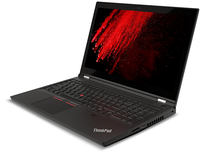 Den mobile Lenovo ThinkPad P15 Gen 2-workstation åbnet 90 grader vinklet en smule for at vise porte i højre side, tastatur og skærm med en stor rød farveklat.