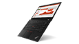 Lenovo ThinkPad T14 Gen 2 (14” AMD) laptop open 180 degrees, floating vertically, showing keyboard and display, angled to include right-side ports.