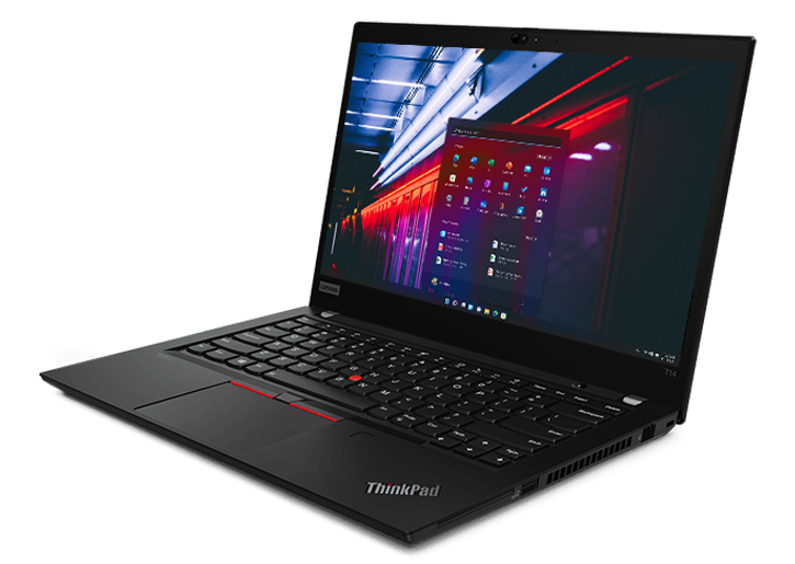 Lenovo ThinkPad T14 Gen 2 (14” AMD) open 90 degrees, angled to show right-side ports. 
