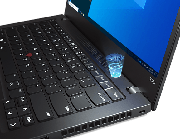 Close-up of Smart Power On, the power button with integrated fingerprint reader, on the Black Lenovo ThinkPad T14s Gen 2 laptop.