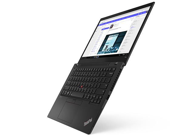 Right-side profile of Black Lenovo ThinkPad T14s Gen 2 (14” AMD) laptop open 180 degrees, angled slightly to show keyboard, and display.