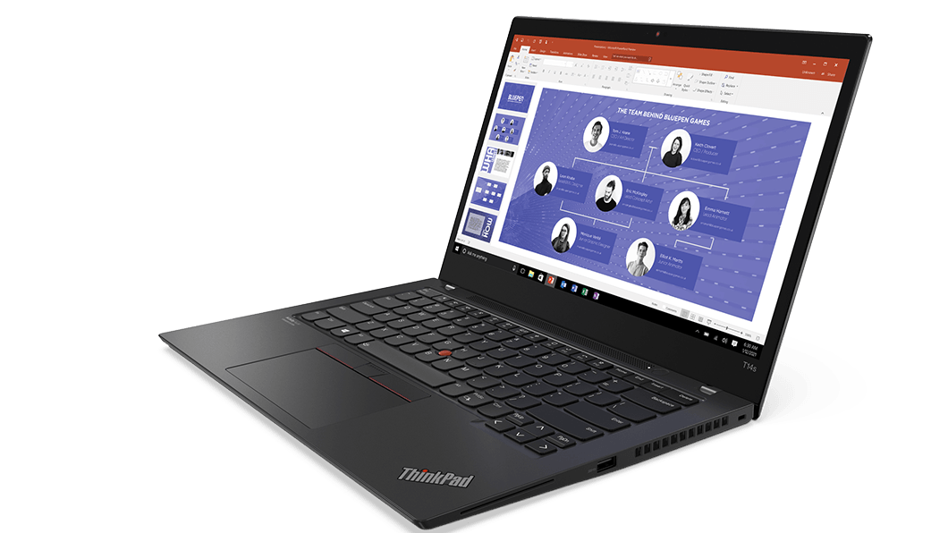 Black-värinen Lenovo ThinkPad T14s Gen 2 (14 tuumaa, AMD) -kannettava avattuna 90 astetta, vinoittain niin, että oikean puolen liitännät sekä näppäimistö ja näyttö ovat näkyvissä.
