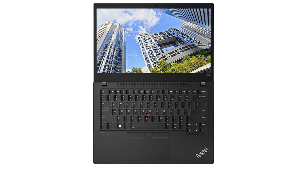 Overhead shot of Black Lenovo ThinkPad T14s Gen 2 (14” AMD) laptop open 180 degrees showing keyboard and display.