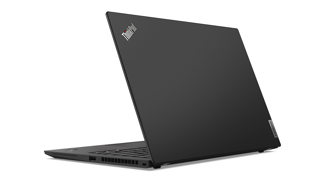Black-värisen Lenovo ThinkPad T14s Gen 2 (14 tuumaa, AMD) -kannettavan takaosa, vinoittain niin, että oikean puolen liitännät ja osa näppäimistöstä on näkyvissä.