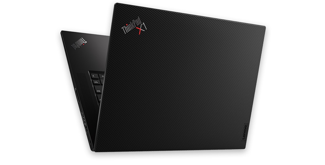 Lenovo ThinkPad X1 Extreme Gen 4 laptop folded like a V, with Carbon-Fiber Weave on top cover.