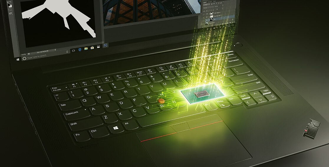 Detail of keyboard on the Lenovo ThinkPad X1 Extreme Gen 4 laptop showing Intel processor with chip and pulsating light.