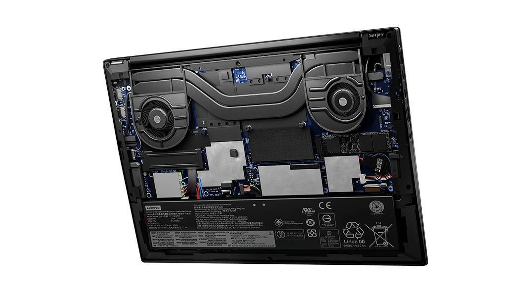 Innards of the Lenovo ThinkPad X1 Extreme Gen 4 laptop with bottom cover removed.