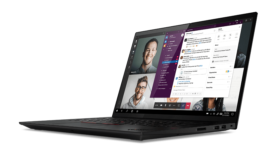 Video-conferencing app on the display of the Lenovo X1 Extreme Gen 4, angled to show right-side ports.