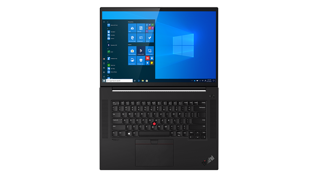 Ansicht des Lenovo ThinkPad X1 Extreme Gen 4 Notebooks von oben, um 180 Grad geöffnet, mit Blick auf Windows-Bildschirm und Tastatur.