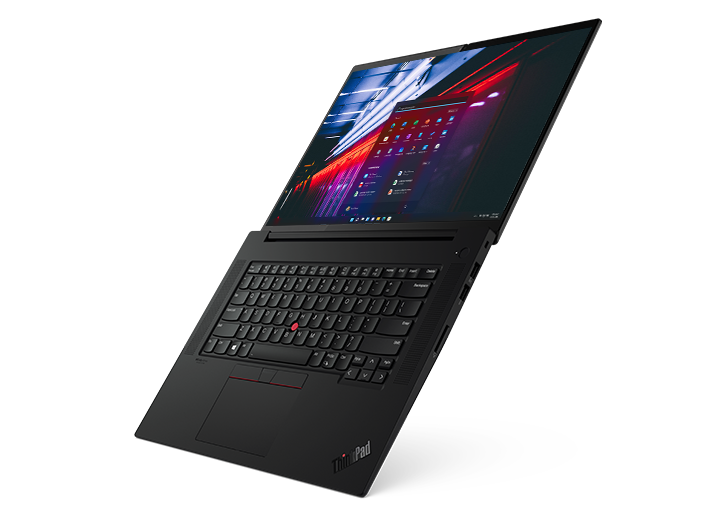 Lenovo ThinkPad X1 Extreme Gen 4 open 180 degrees, angled to show right-side ports.
