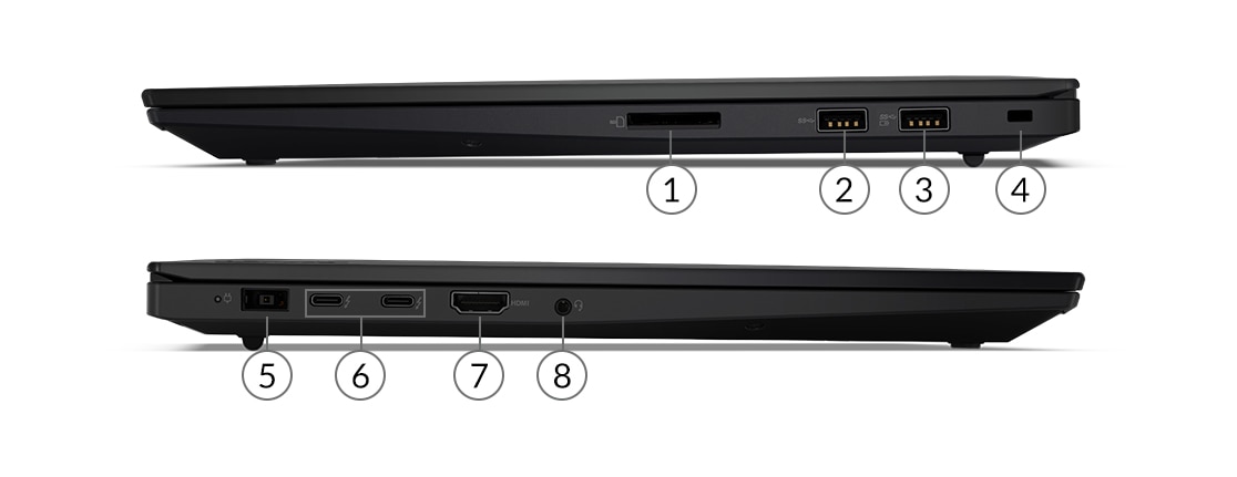 Two profile views of left and right side ports on the Lenovo ThinkPad X1 Extreme Gen 4 laptops.