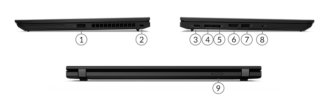 Trije prensoniki ThinkPad X13 2. generacije (13-palčni Intel) - levi, desni in zadnji pogled, z oštevilčenimi vhodi/režami.