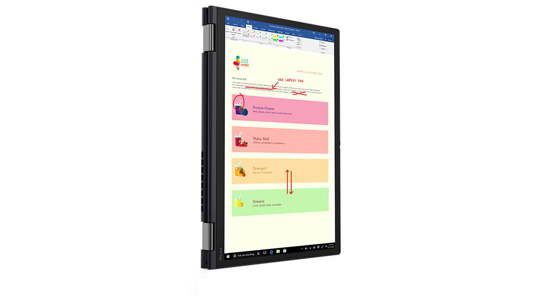ThinkPad X13 Yoga Gen (13 tuumaa, Intel) -kannettava – kolmen neljäsosan näkymä etuvasemmalta tablettitilassa, pystyasennossa