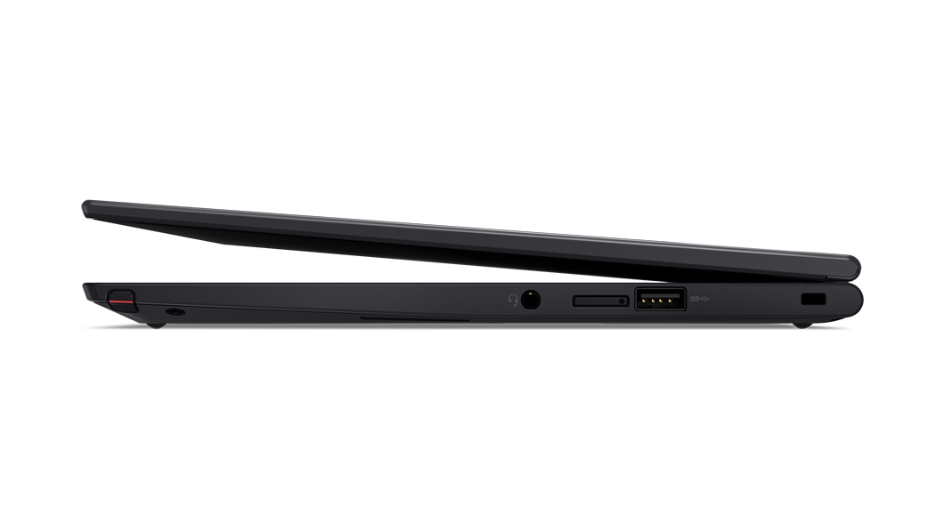 ThinkPad X13 Yoga Gen (13 tuumaa, Intel) -kannettava – näkymä oikealta kannettavan tietokoneen tilassa, kansi osittain avoinna