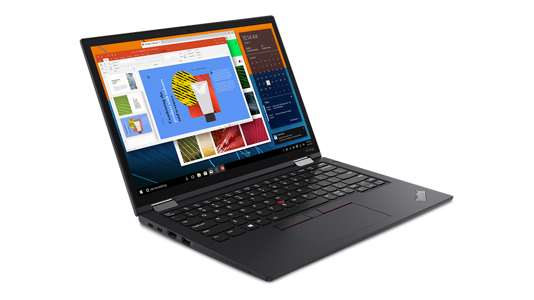 ThinkPad X13 Yoga Gen (13 tuumaa, Intel) -kannettava – kolmen neljäsosan näkymä etuvasemmalta kannettavan tietokoneen tilassa, kansi avoinna