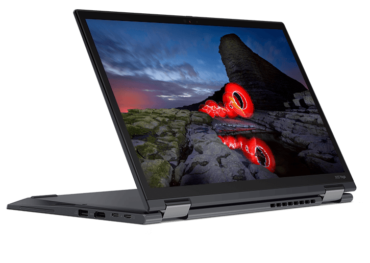 ThinkPad X13 Yoga Gen (13” Intel) laptop – ¾ front/left view, in stand mode