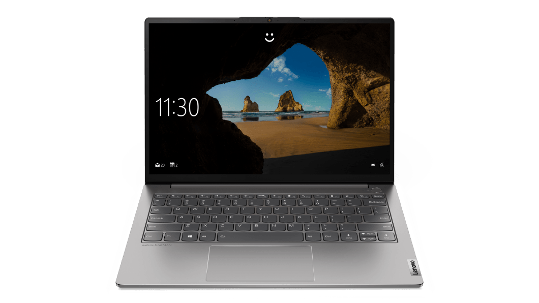 Lenovo ThinkBook 13s Gen 3-laptop (13″, AMD): vooraanzicht met open deksel en aanmeldpagina op het scherm