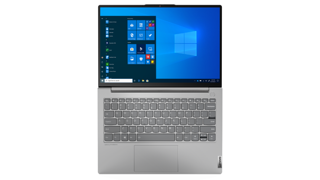 Lenovo ThinkBook 13s Gen 3-laptop (13″, AMD): bovenaanzicht met open deksel en Windows-menu op het scherm
