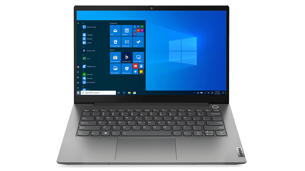 Lenovo ThinkBook 14, 2e generatie Intel-laptop, vooraanzicht met het Windows-besturingssysteem op het scherm.