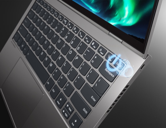 Imagen ilustrativa del lector de huellas digitales en el botón de encendido de la laptop Lenovo ThinkBook 14p 2da Gen (14”, AMD)