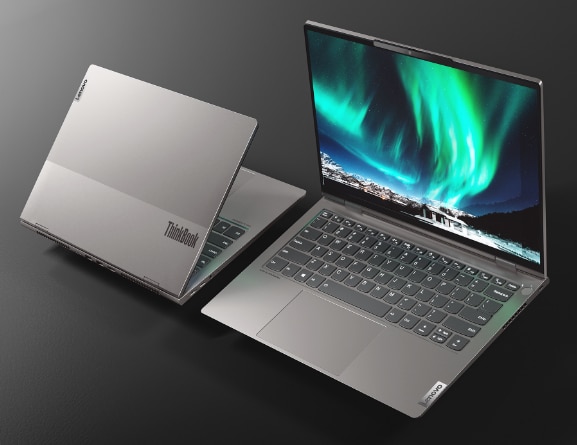Two Lenovo ThinkBook 14p Gen 2 (14” AMD) laptops—side by side, facing opposite directions