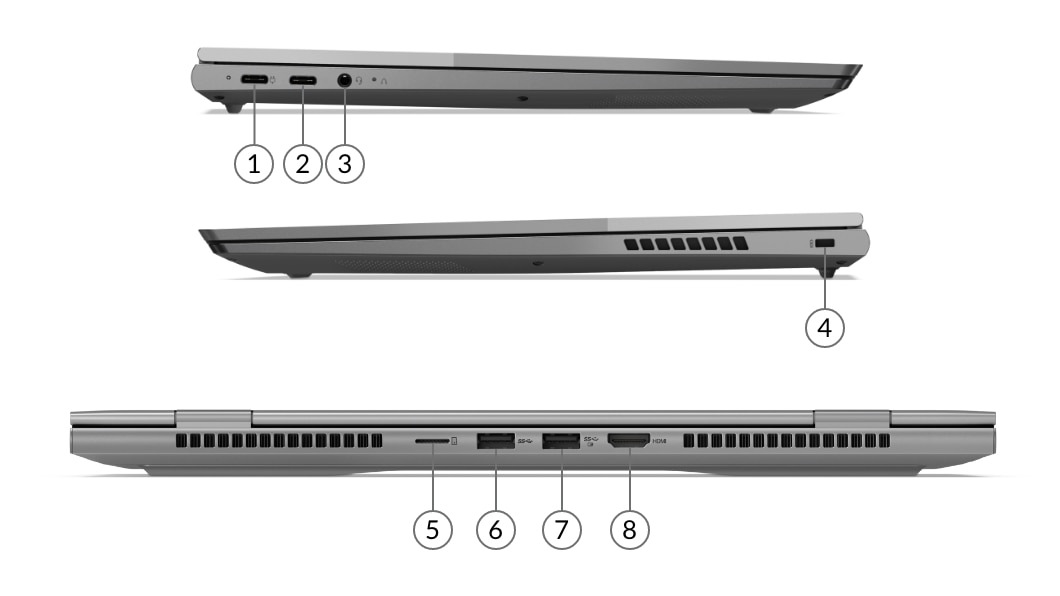 Imagen de puertos y ranuras de la laptop Lenovo ThinkBook 14p 2da Gen (14”, AMD)