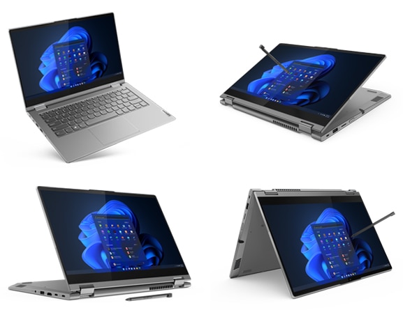 Cuatro laptops 2-en-1 ThinkBook 14s Yoga 2da Gen en diferentes modos con pantallas prendidas y accesorios opcionales