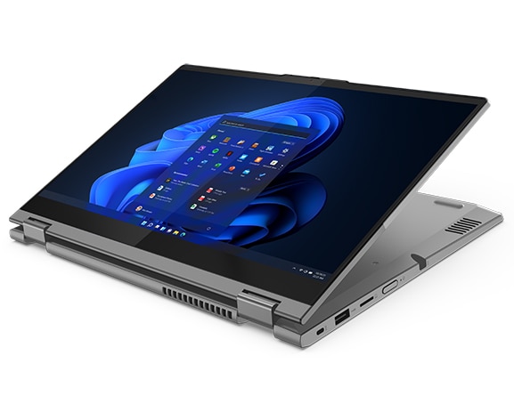 A mineral grey ThinkBook 14s Yoga Gen 2 convertible laptop with the display flipped over into tablet mode, revealing the vibrant touchscreen and centered Windows 11 Start menu.