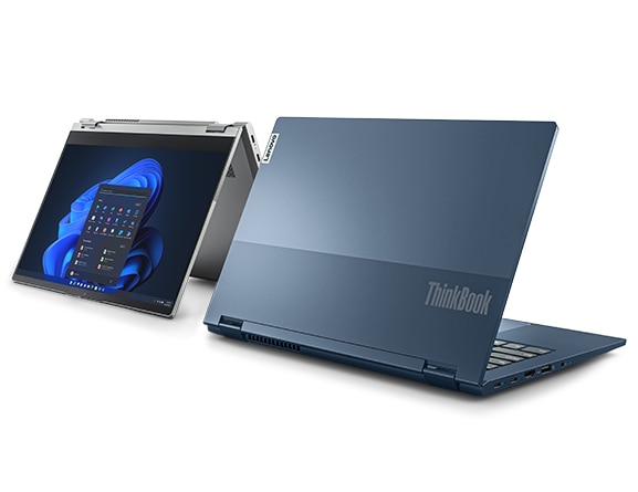 Side-by-side abyss blue ThinkBook 14s Yoga 2-in-1 laptops, one front-facing in tent mode and the other in laptop mode, facing away to reveal the dual-tone top cover.