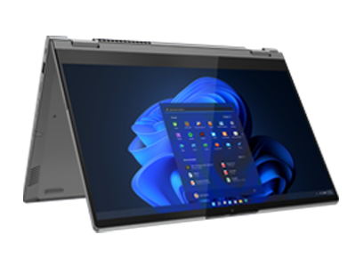 The 2-in-1 ThinkBook 14s Yoga Gen 2 laptop shown in tent mode.