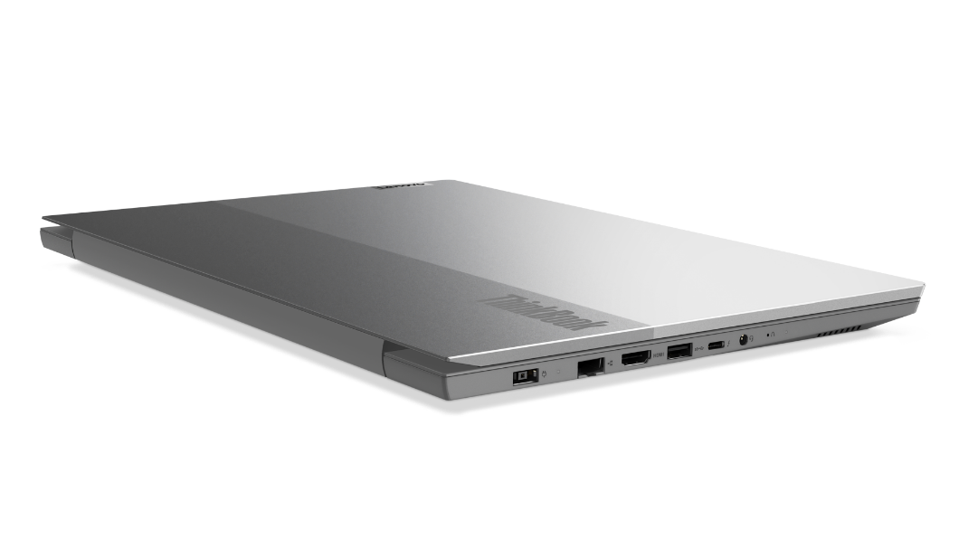 Lenovo ThinkBook 15p Gen 2-laptop (15'' Intel), gesloten, met tweekleurige bovenkant en scharnieren aan de achterkant.