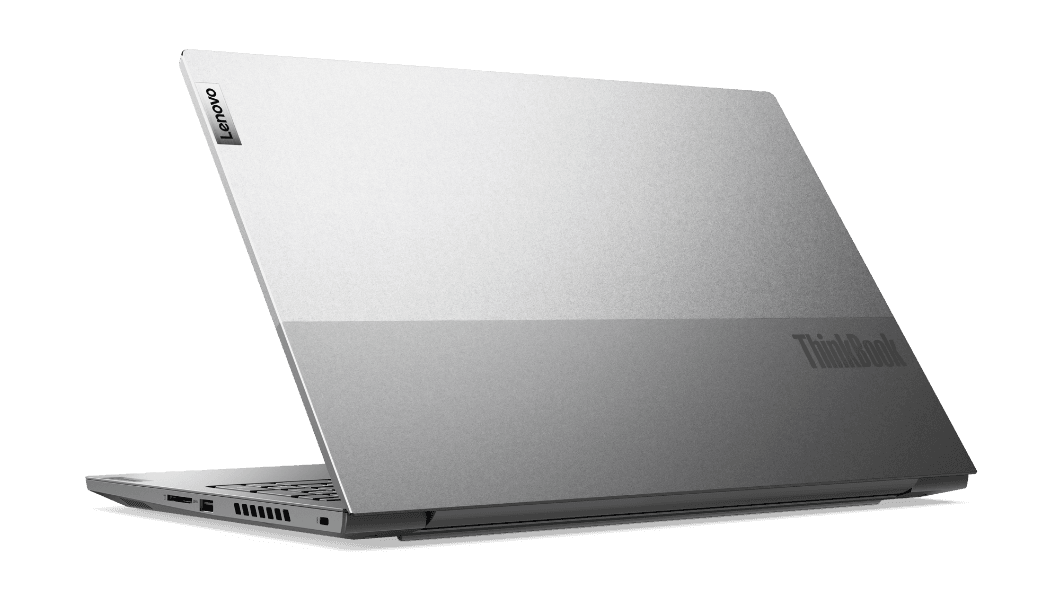 Zweifarbiges Lenovo ThinkBook 15p Gen 2 Notebook, Ansicht von schräg hinten mit Blick auf die Lüftungsöffnungen auf der rechten Seite.
